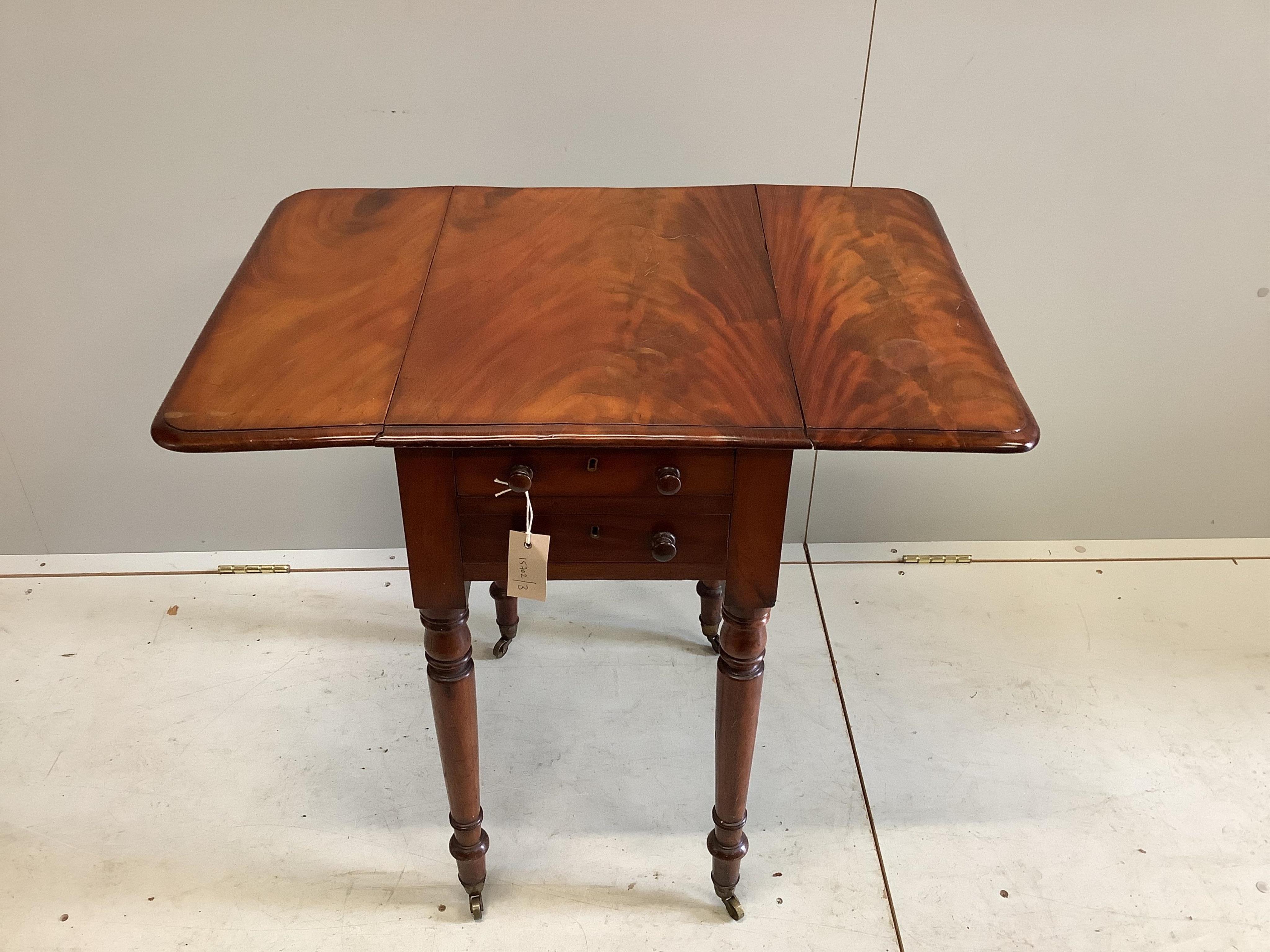 An early Victorian mahogany drop flap work table, width 50cm, depth 36cm, height 70cm. Condition - fair to good